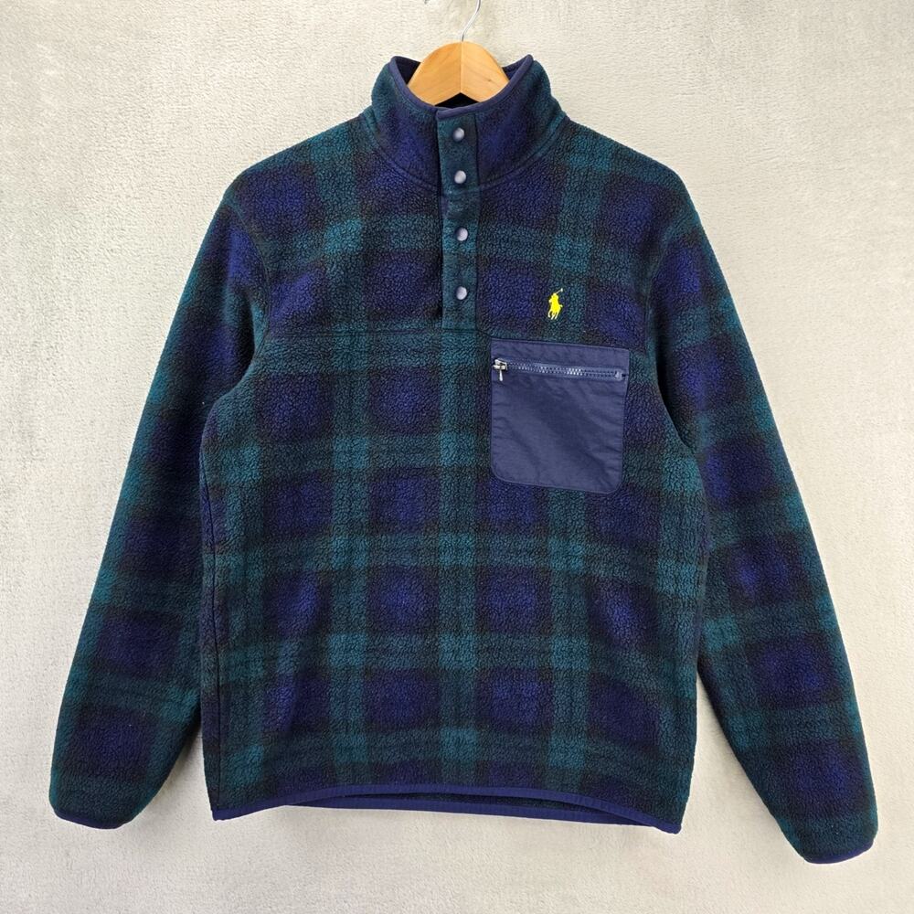 Polo Ralph Lauren Blackwatch Plaid Fleece Pullover Mens Small Snap Mock Neck
